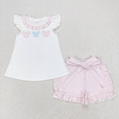 GSSO1136 Cartoon Mouse Pink Plaid Girls Shorts Set