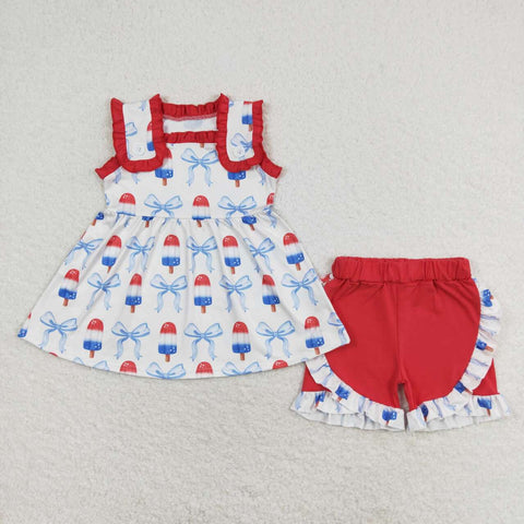 GSSO1152 July 4th Popsicle Tie Bow Girls Shorts Set