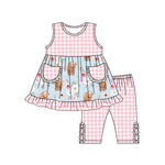GSSO1161 Cow Flower Pink Plaid mid pants Girls Set
