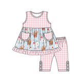 GSSO1161 Cow Flower Pink Plaid mid pants Girls Set