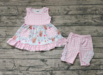 GSSO1161 Cow Flower Pink Plaid mid pants Girls Set