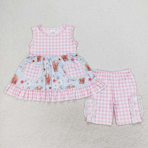 GSSO1161 Cow Flower Pink Plaid mid pants Girls Set