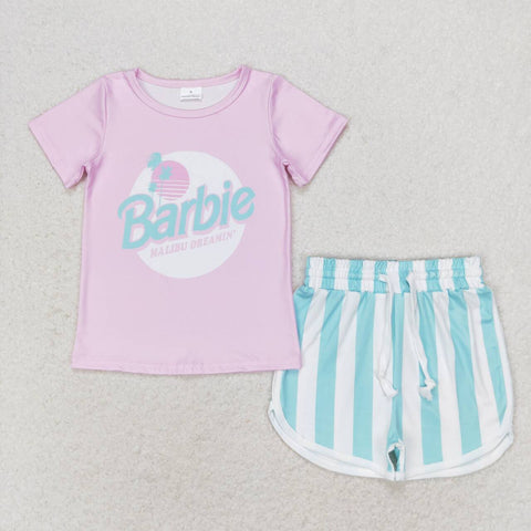 GSSO1168 Beach Blue Stripe Girls Shorts Set