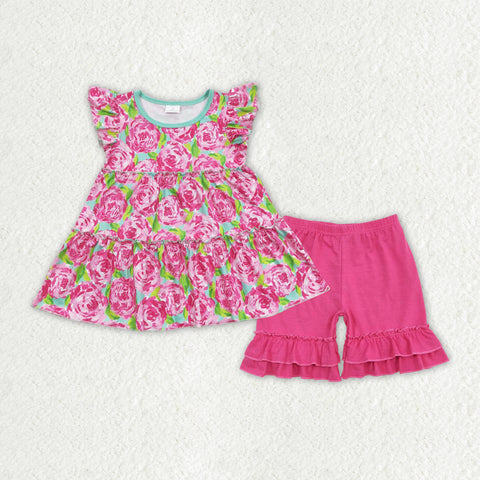 GSSO1172 Summer Flower Rose Pink Tunic Girls Shorts Set