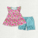 GSSO1173 Summer Flower Rose Sky Blue Tunic Girls Shorts Set