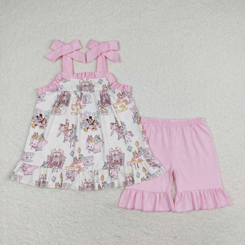 GSSO1176 Cartoon Castle Blue Dog Pink Girls Shorts Set