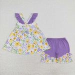 GSSO1177 Flower Yellow Purple Girls Shorts Set