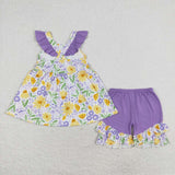 GSSO1177 Flower Yellow Purple Girls Shorts Set