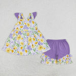 GSSO1177 Flower Yellow Purple Girls Shorts Set