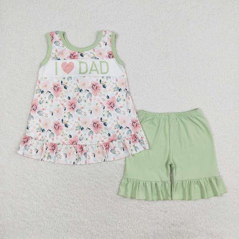 GSSO1178 I LOVE DAD Green Flower Girls Shorts Set