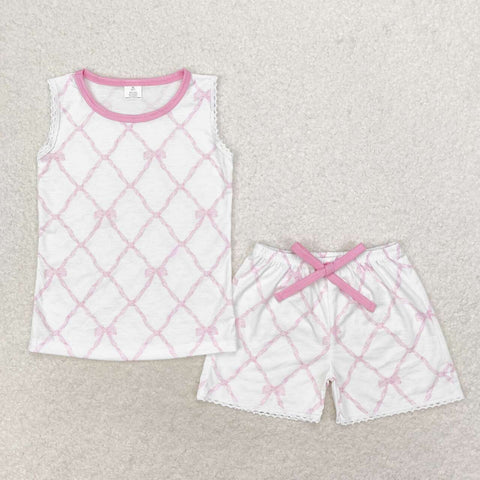 GSSO1187 Tie Bow Pink Sleeveless Girls Shorts Set