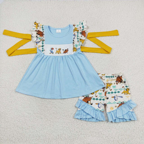 GSSO1191 Cartoon Lion king Blue Girls Shorts Set