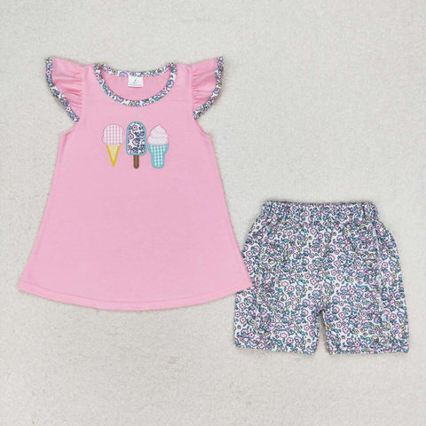 GSSO1193 Embroidery Ice cream Flower Pink Girls Shorts Set