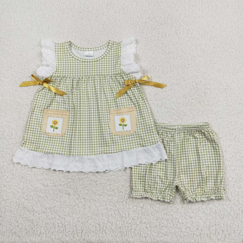 GSSO1196 Plaid Khaki Flower Baby Girls Bloomers Set