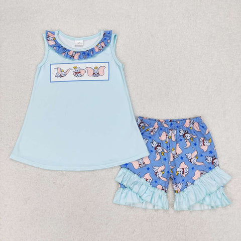 GSSO1203 Cartoon Dumbo Blue Girls Shorts Set