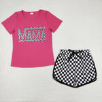 GSSO1210 Offset printing MAMA Pink Black Plaid Adult Women Shorts Set