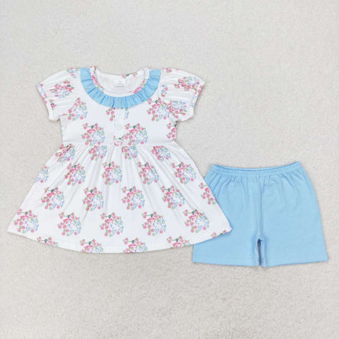 GSSO1225 Bird Flower Blue Girls Shorts Set
