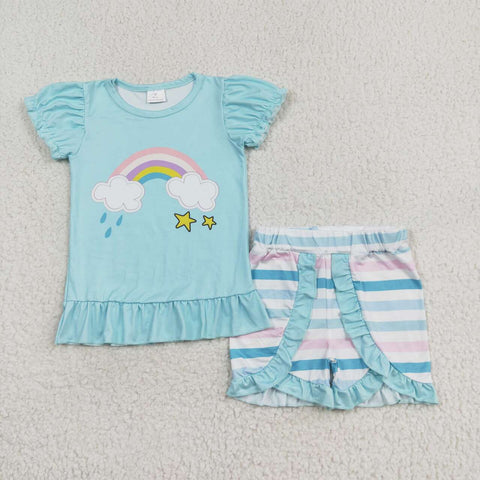 GSSO1227 Rainbow Blue Girls Shorts Set