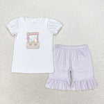 GSSO1240 Embroidery Milk Purple Stripe Girls Shorts Set