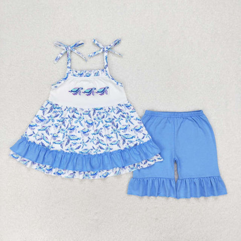 GSSO1241 Embroidery Sea turtle Blue Girls Shorts Set