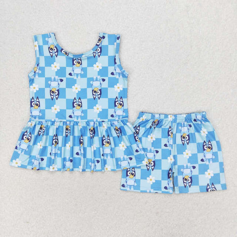 GSSO1248 Blue Dog Cartoon Flower Girls Shorts Set
