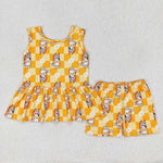 GSSO1249 Blue Dog Cartoon Flower Orange Girls Shorts Set