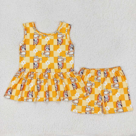 GSSO1249 Blue Dog Cartoon Flower Orange Girls Shorts Set