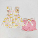 GSSO1254 Flower Little Daisy Yellow Girls Shorts Set