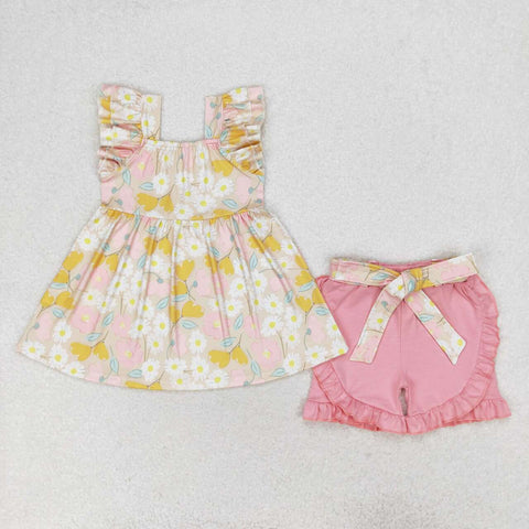 GSSO1254 Flower Little Daisy Yellow Girls Shorts Set