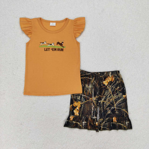 GSSO1263 Embroidery LET'EM RUN Hunting Camo Girls Shorts Set