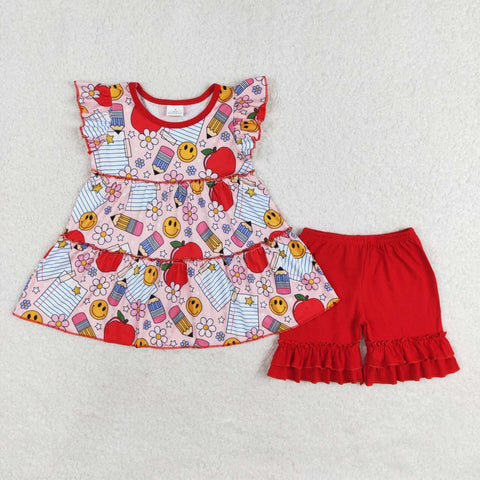 GSSO1268 Back to shool Apple Red Girls Shorts Set