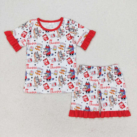 GSSO1292 Cartoon Blue Dog Chick Red Girls Pajamas Shorts Set