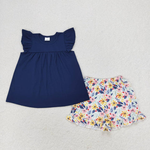 GSSO1296 Flower Blue Girls Shorts Set