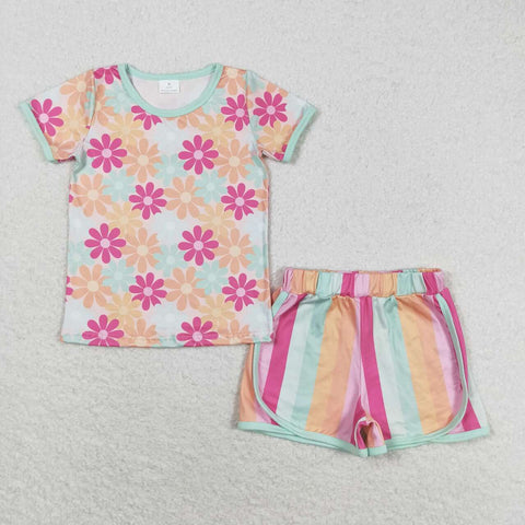GSSO1297 Flower Stripe Girls Shorts Set