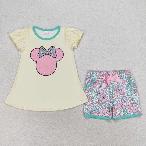 GSSO1308 Cartoon Mouse Flower Girls Shorts Set