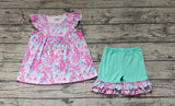 GSSO1356 Summer Flower Pink Mint Girls Shorts Set
