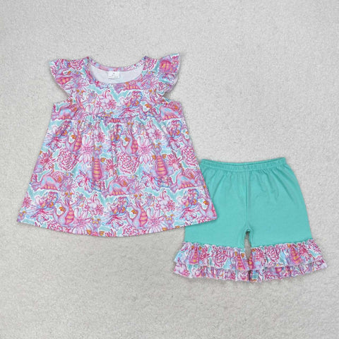 GSSO1356 Summer Flower Pink Mint Girls Shorts Set