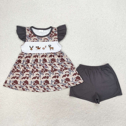 GSSO1358 Embroidery Hunting Elk Camo Girls Shorts Set