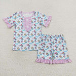 GSSO1363 Cartoon Blue Dog Girls Pajamas Shorts Set