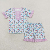 GSSO1363 Cartoon Blue Dog Girls Pajamas Shorts Set