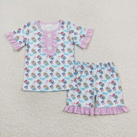 GSSO1363 Cartoon Blue Dog Girls Pajamas Shorts Set