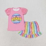 GSSO1366 Back to school Pencil Colorful Stripe Girls Shorts Set