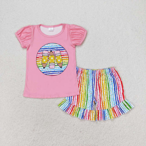 GSSO1366 Back to school Pencil Colorful Stripe Girls Shorts Set
