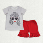 GSSO1377 Singer Star 1989 Red Cotton Girls Shorts Set