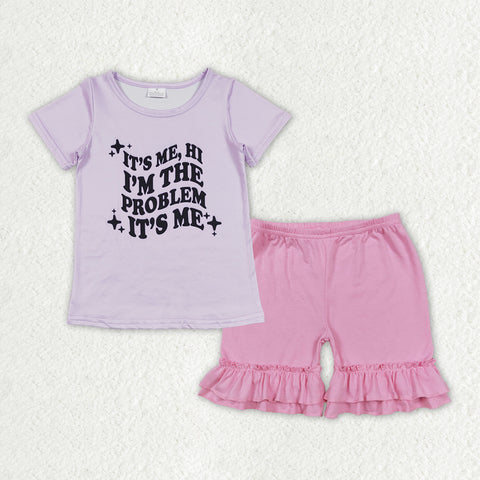 GSSO1379 Singer Star Problem Pink Cotton Girls Shorts Set