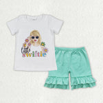 GSSO1384 Singer Star Mint Cotton Girls Shorts Set