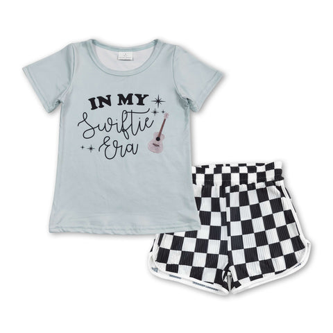 GSSO1396 Singer Star Black Plaid Girls Shorts Set