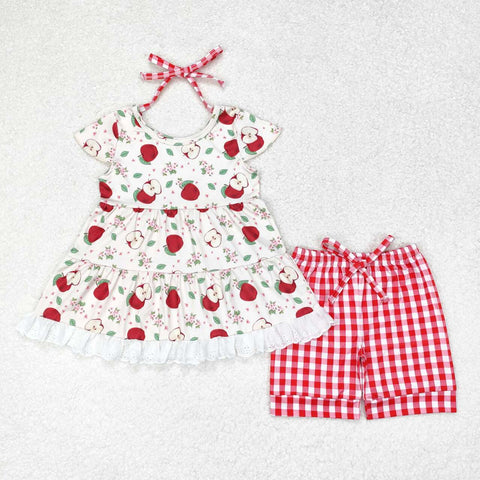 GSSO1416 Back To School Apple Red Plaid Girls Shorts Set