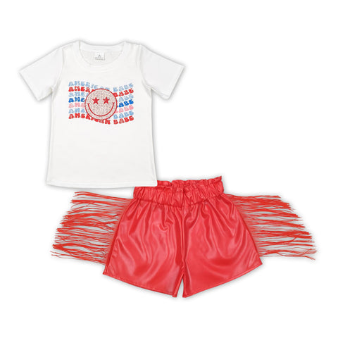 GSSO1421 Fashion AMERICAN BABE Red Leather Shorts Tassel Girl's Set