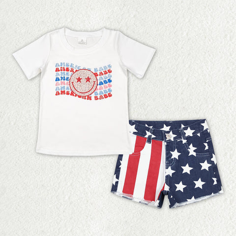 GSSO1439 American Babe Flag Denim Shorts Girl's Set
